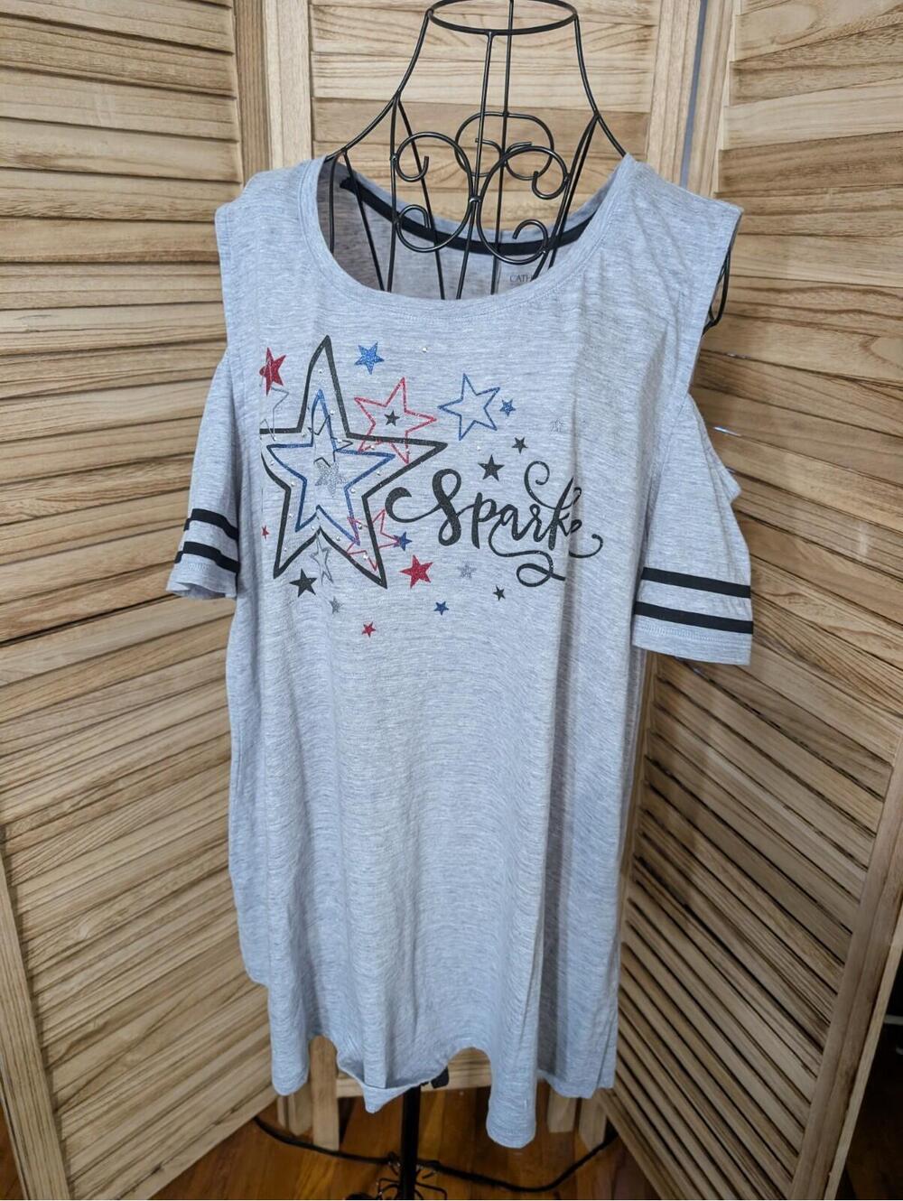 Size 0X Catherines Stars & Stripes Sparkle Patriotic 4th Of July Cold Shoulder
